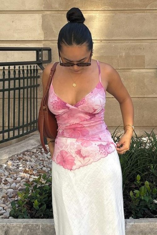 Floral Trim Chiffon Waist-Cinched Cami Top