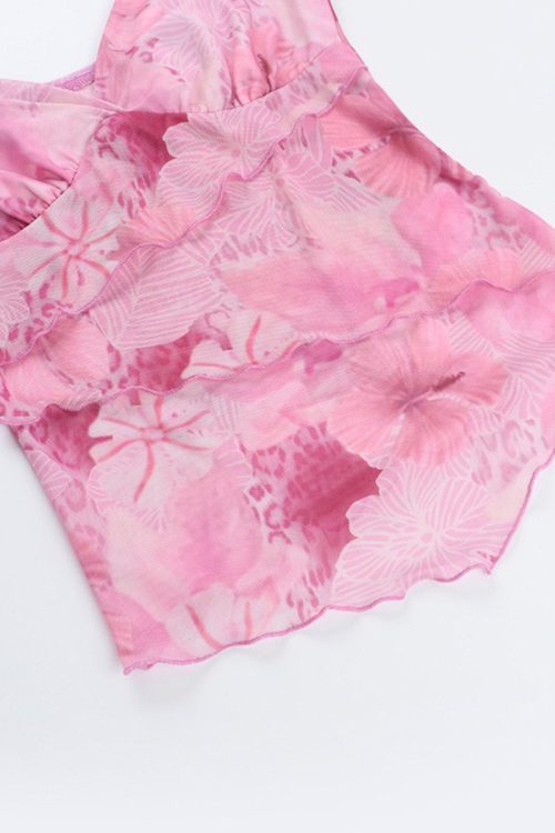 Floral Trim Chiffon Waist-Cinched Cami Top