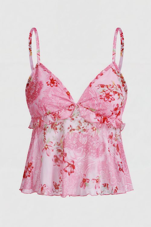 Sheer Print Ruffle Cami Top