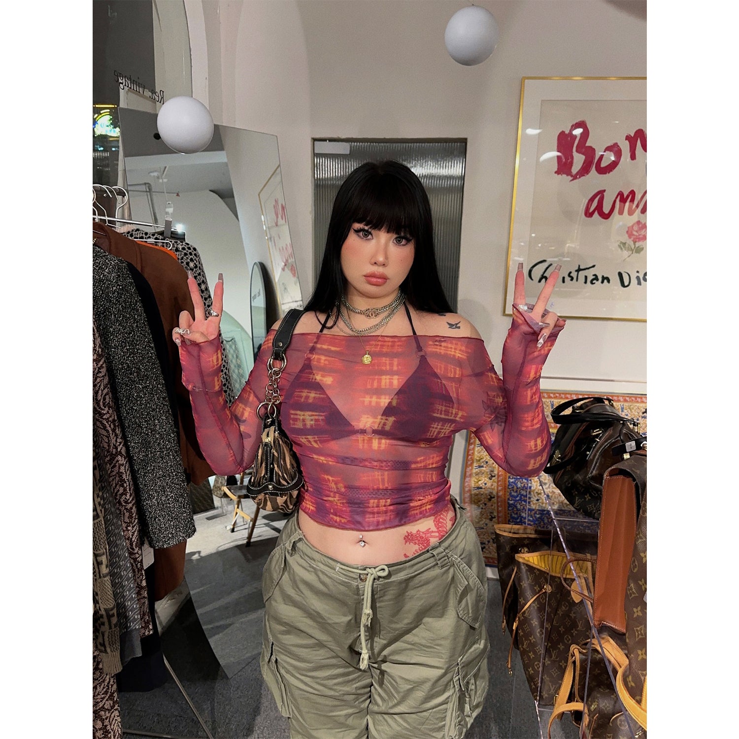 sila-tie-dye-red-black-off-the-shoulder-sheer-long-sleeve-slim-cropped-top-3 Black One Shoulder Going Out Top