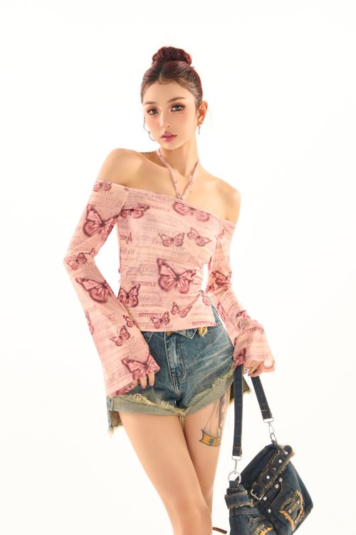 Maribella Pink Butterfly Print Long Bell Sleeve Off-the-Shoulder Slim Cropped Top