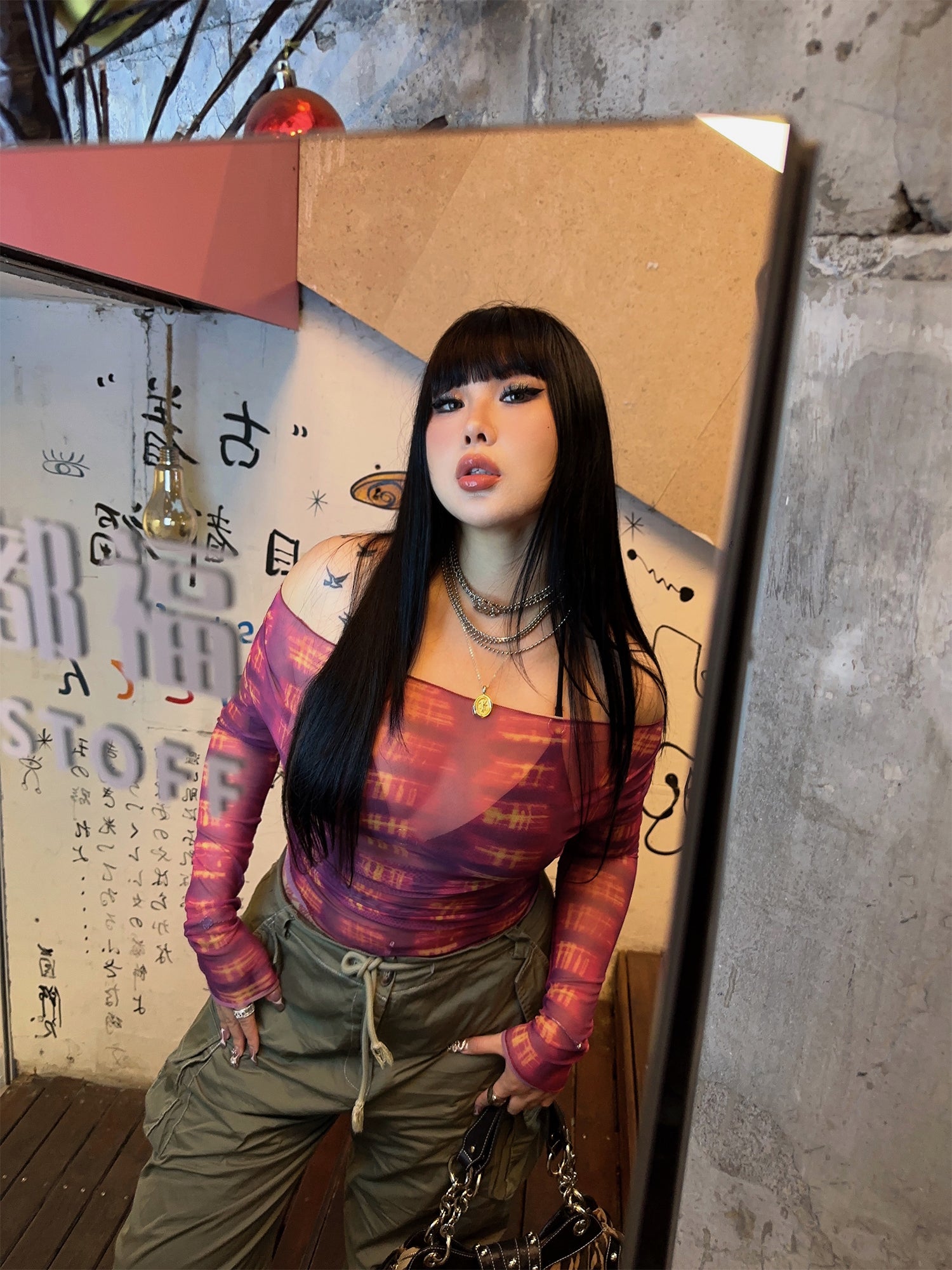 sila-tie-dye-red-black-off-the-shoulder-sheer-long-sleeve-slim-cropped-top-7 Black One Shoulder Going Out Top