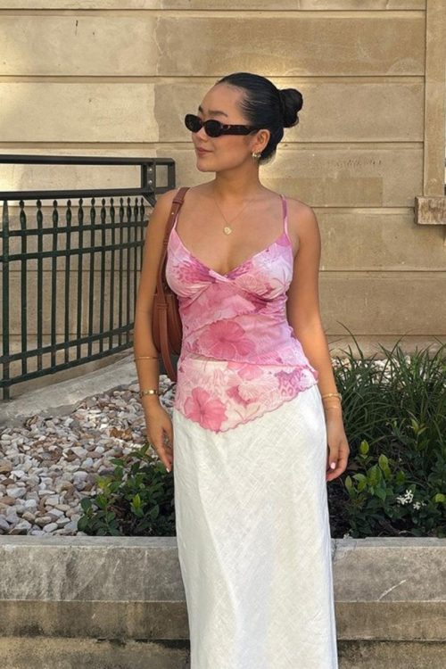 Floral Trim Chiffon Waist-Cinched Cami Top