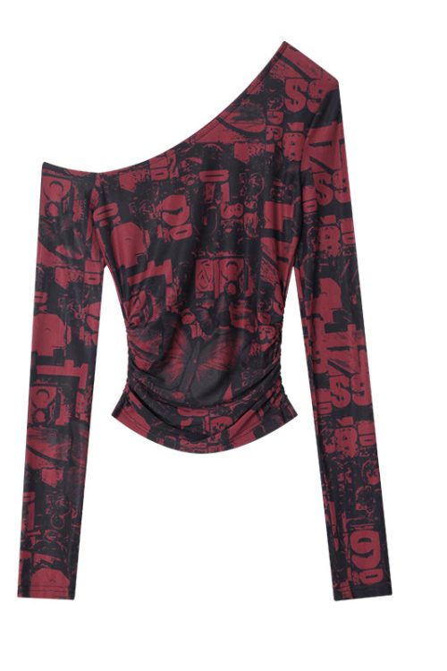 Maranda Graphic Pattern Print Contrast Red & Black Color Off-One-Shoulder Long Sleeve Slim Cropped Top