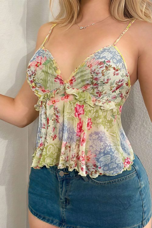 Sheer Print Ruffle Cami Top