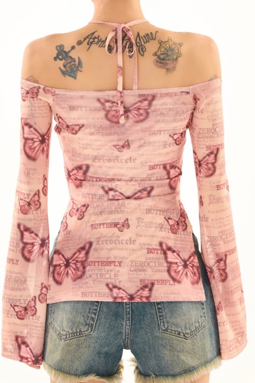 Maribella Pink Butterfly Print Long Bell Sleeve Off-the-Shoulder Slim Cropped Top