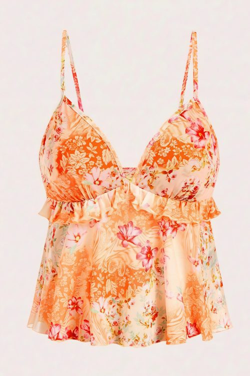 Sheer Print Ruffle Cami Top
