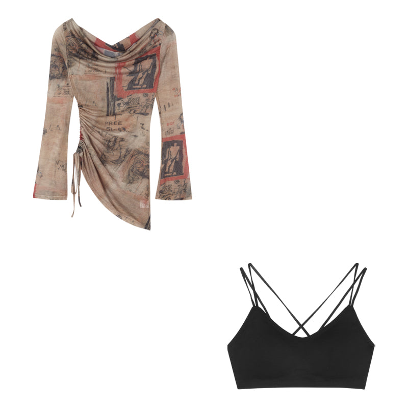 nia-graphic-image-print-long-sleeve-sheer-see-through-mesh-off-the-shoulder-drawstring-top-solid-color-black-double-spaghetti-straps-bra-top-5 Black One Shoulder Going Out Top