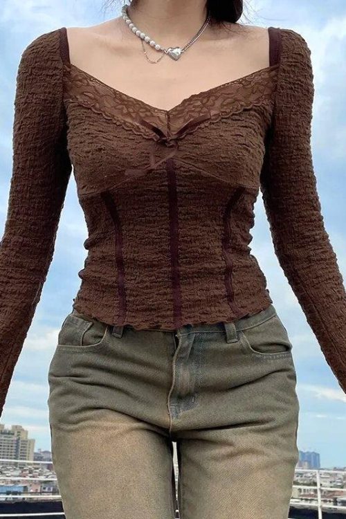 Fairycore Lace Detailed Shirred Top