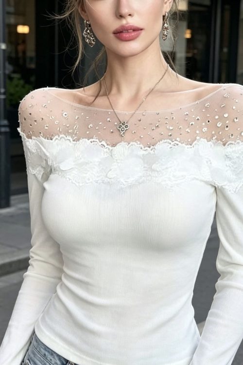 French White Zircon Lace Patchwork Cotton T Shirt Top Spring