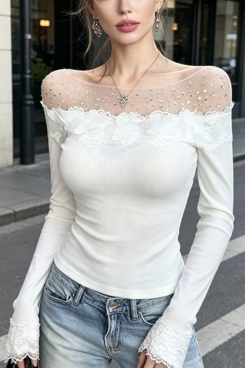 French White Zircon Lace Patchwork Cotton T Shirt Top Spring