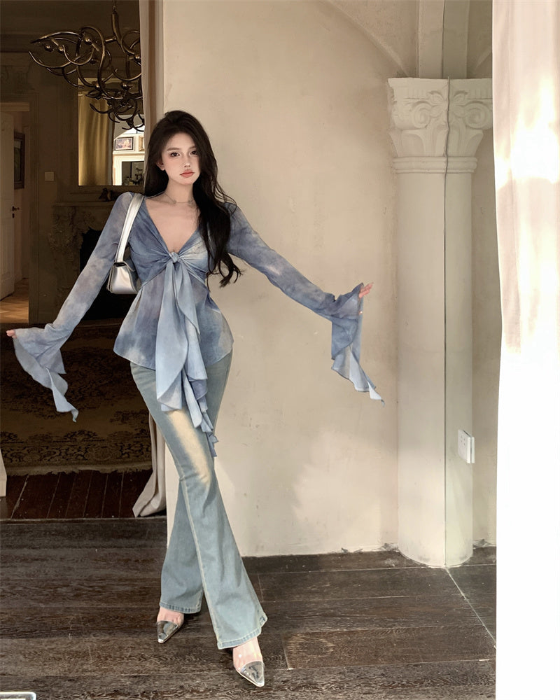 bia-blue-tie-dye-ruffled-long-sleeve-french-v-neck-front-tie-sheer-top-13 bia-blue-tie-dye-ruffled-long-sleeve-french-v-neck-front-tie-sheer-top-13