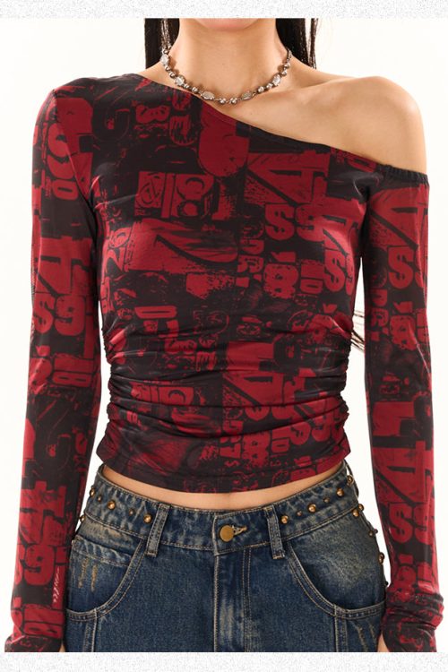 Maranda Graphic Pattern Print Contrast Red & Black Color Off-One-Shoulder Long Sleeve Slim Cropped Top