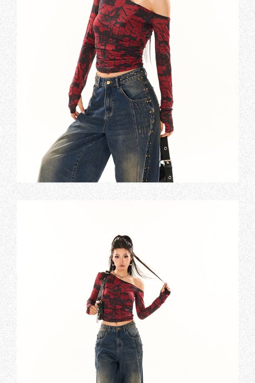 Maranda Graphic Pattern Print Contrast Red & Black Color Off-One-Shoulder Long Sleeve Slim Cropped Top