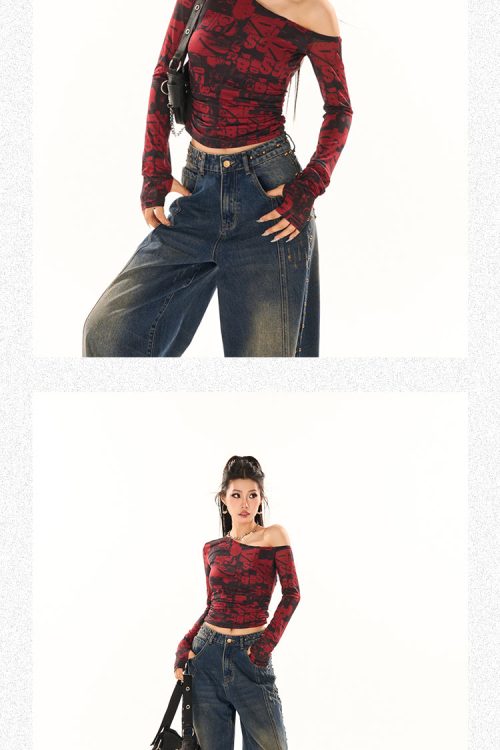Maranda Graphic Pattern Print Contrast Red & Black Color Off-One-Shoulder Long Sleeve Slim Cropped Top