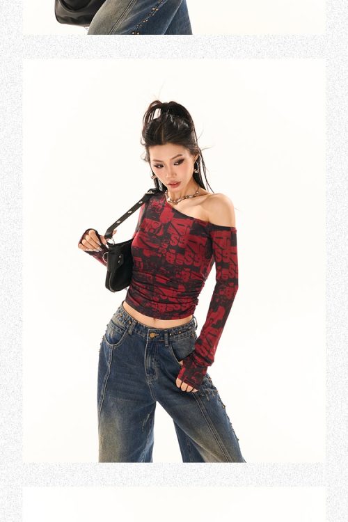 Maranda Graphic Pattern Print Contrast Red & Black Color Off-One-Shoulder Long Sleeve Slim Cropped Top