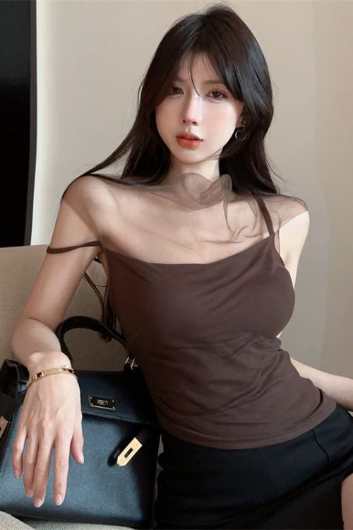 tina-solid-color-brown-mesh-patchwork-spaghetti-strap-slim-cropped-top-11