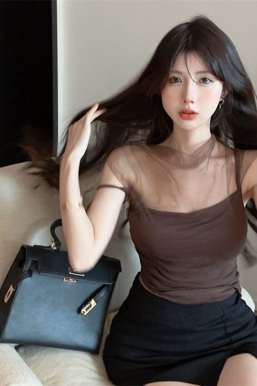 tina-solid-color-brown-mesh-patchwork-spaghetti-strap-slim-cropped-top-13