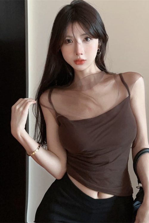 tina-solid-color-brown-mesh-patchwork-spaghetti-strap-slim-cropped-top-12