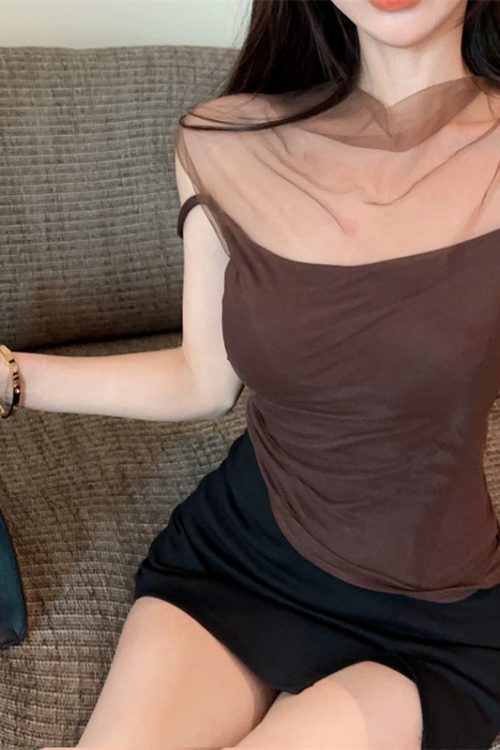 tina-solid-color-brown-mesh-patchwork-spaghetti-strap-slim-cropped-top-14