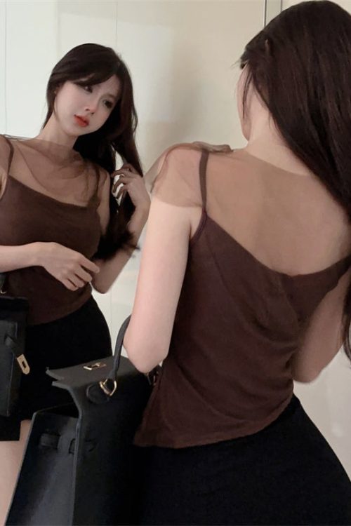 tina-solid-color-brown-mesh-patchwork-spaghetti-strap-slim-cropped-top-16