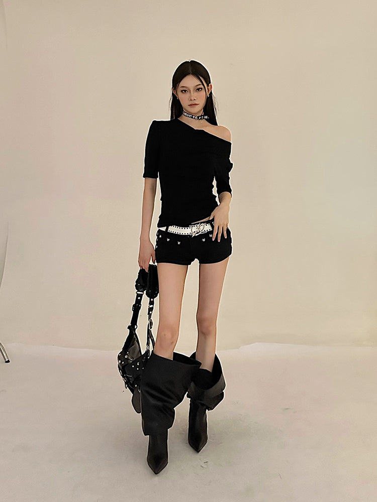 linda-solid-color-black-off-the-shoulder-pleated-irregular-slanted-top-20 Black One Shoulder Going Out Top