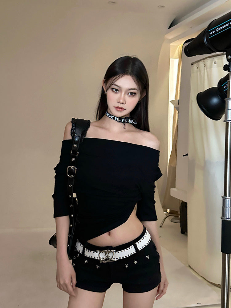 linda-solid-color-black-off-the-shoulder-pleated-irregular-slanted-top-9 Black One Shoulder Going Out Top