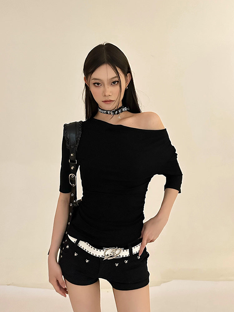 linda-solid-color-black-off-the-shoulder-pleated-irregular-slanted-top-11 Black One Shoulder Going Out Top