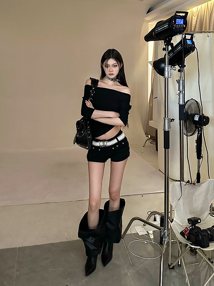 linda-solid-color-black-off-the-shoulder-pleated-irregular-slanted-top-16 Black One Shoulder Going Out Top