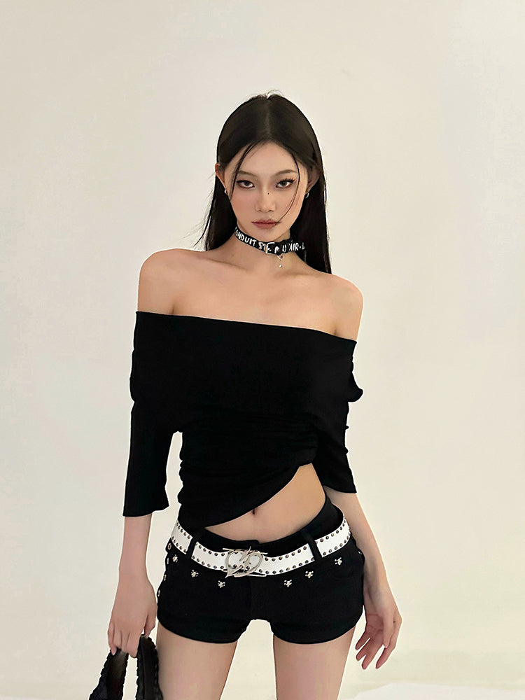 linda-solid-color-black-off-the-shoulder-pleated-irregular-slanted-top-15 Black One Shoulder Going Out Top