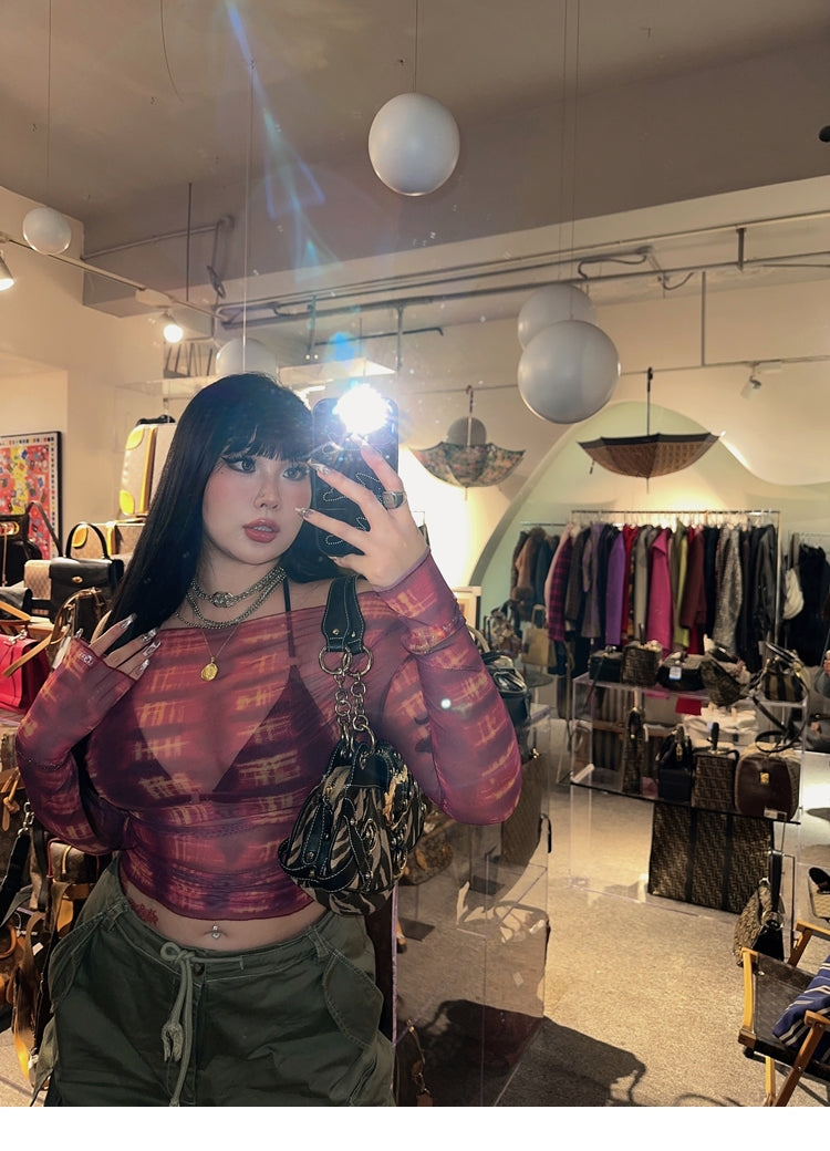 sila-tie-dye-red-black-off-the-shoulder-sheer-long-sleeve-slim-cropped-top-17 Black One Shoulder Going Out Top