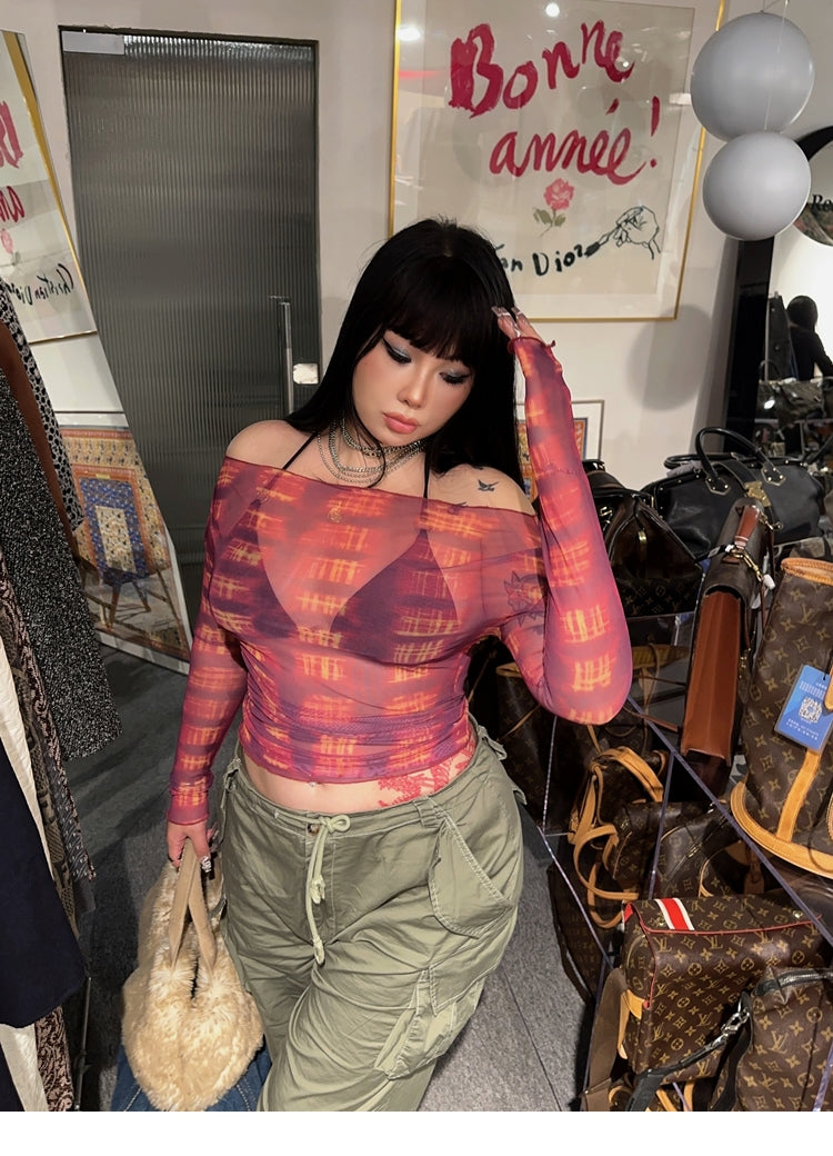 sila-tie-dye-red-black-off-the-shoulder-sheer-long-sleeve-slim-cropped-top-9 Black One Shoulder Going Out Top