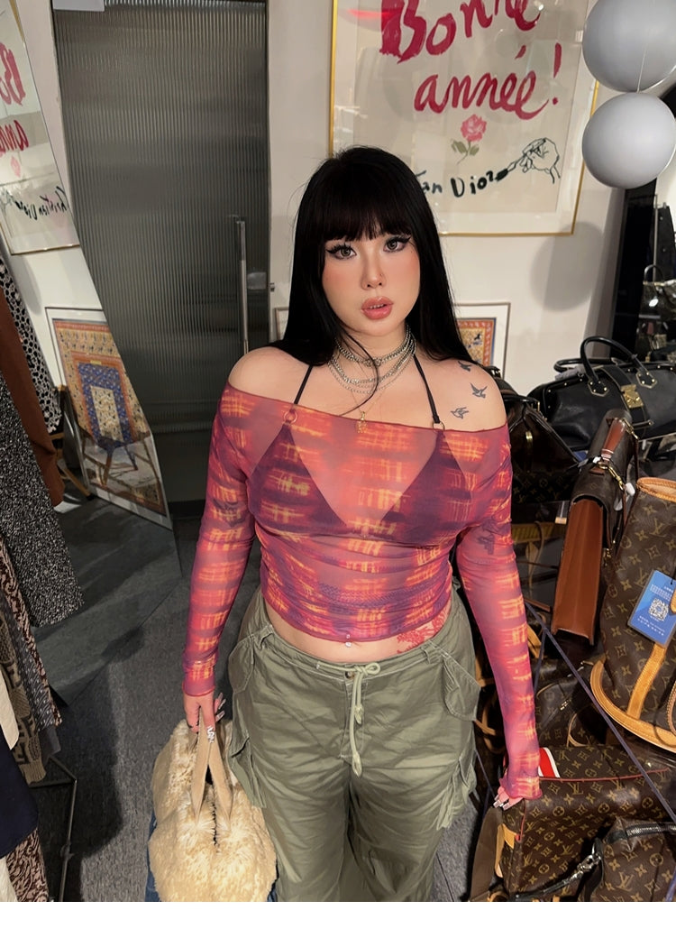 sila-tie-dye-red-black-off-the-shoulder-sheer-long-sleeve-slim-cropped-top-10 Black One Shoulder Going Out Top