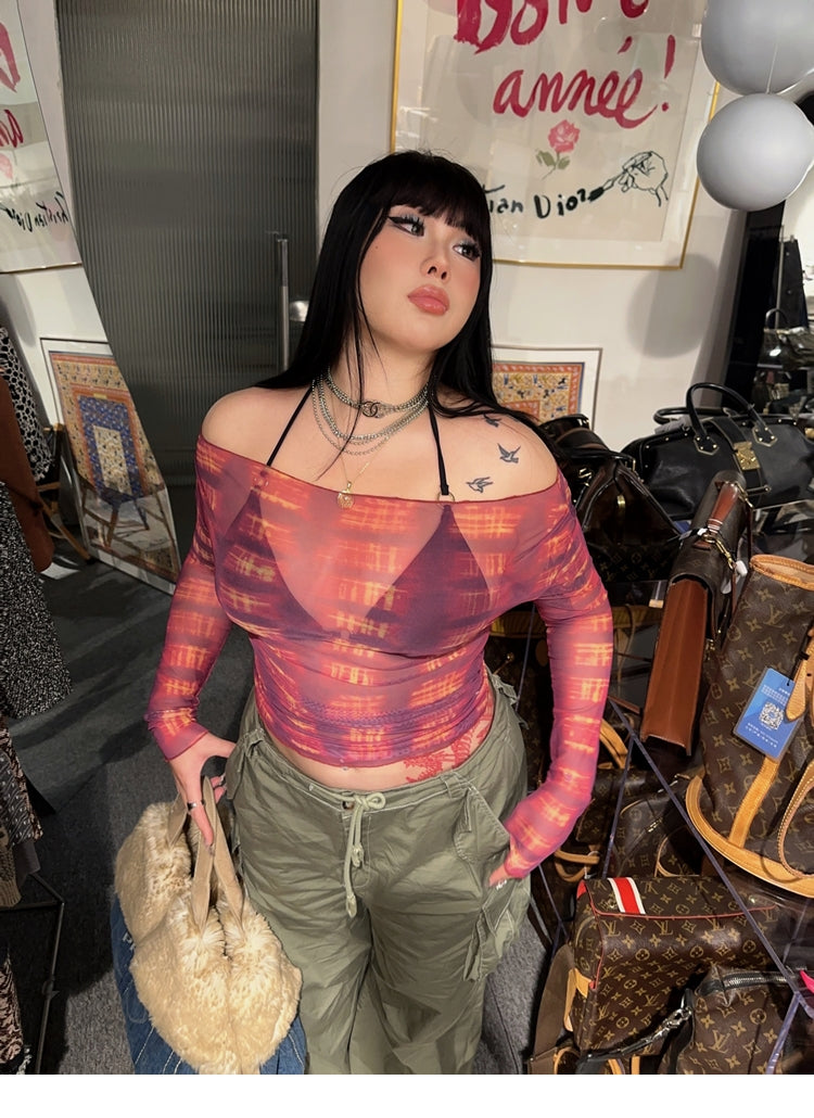 sila-tie-dye-red-black-off-the-shoulder-sheer-long-sleeve-slim-cropped-top-12 Black One Shoulder Going Out Top