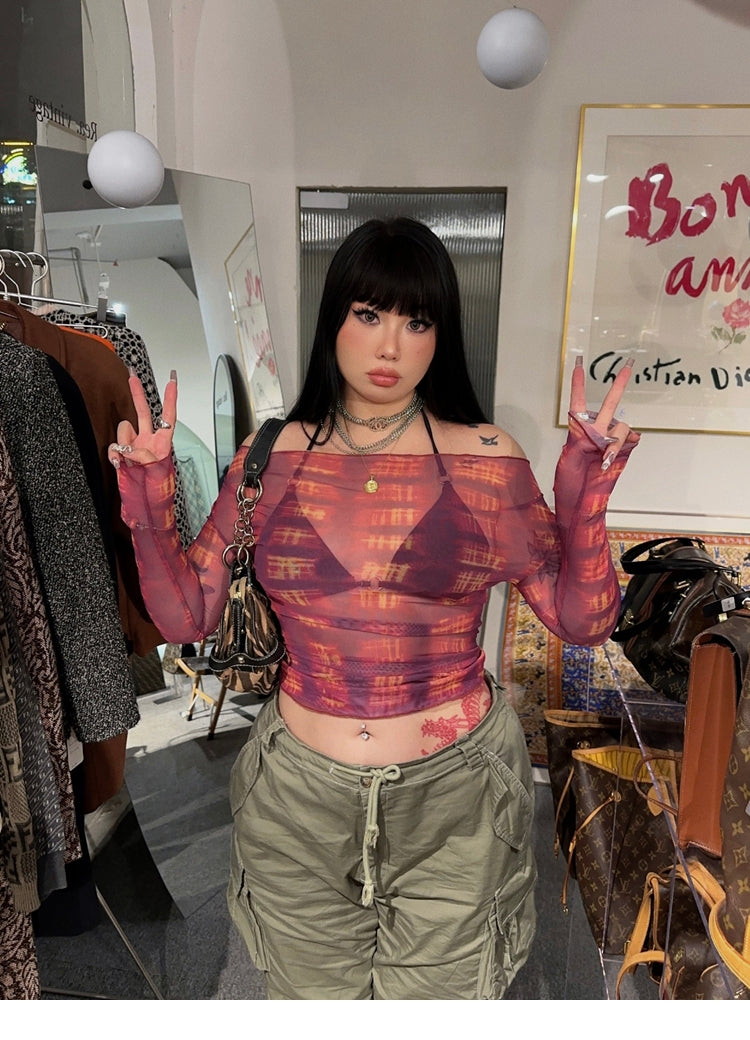 sila-tie-dye-red-black-off-the-shoulder-sheer-long-sleeve-slim-cropped-top-11 Black One Shoulder Going Out Top