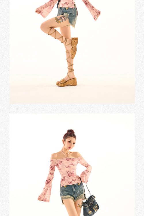 Maribella Pink Butterfly Print Long Bell Sleeve Off-the-Shoulder Slim Cropped Top