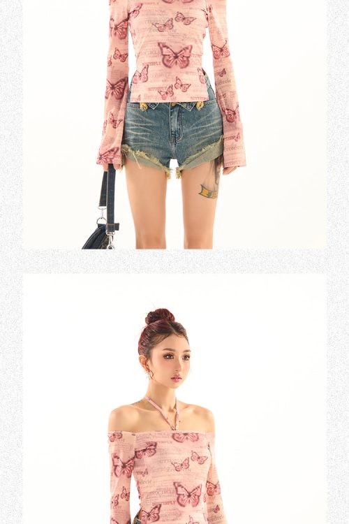 Maribella Pink Butterfly Print Long Bell Sleeve Off-the-Shoulder Slim Cropped Top