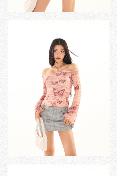 Maribella Pink Butterfly Print Long Bell Sleeve Off-the-Shoulder Slim Cropped Top