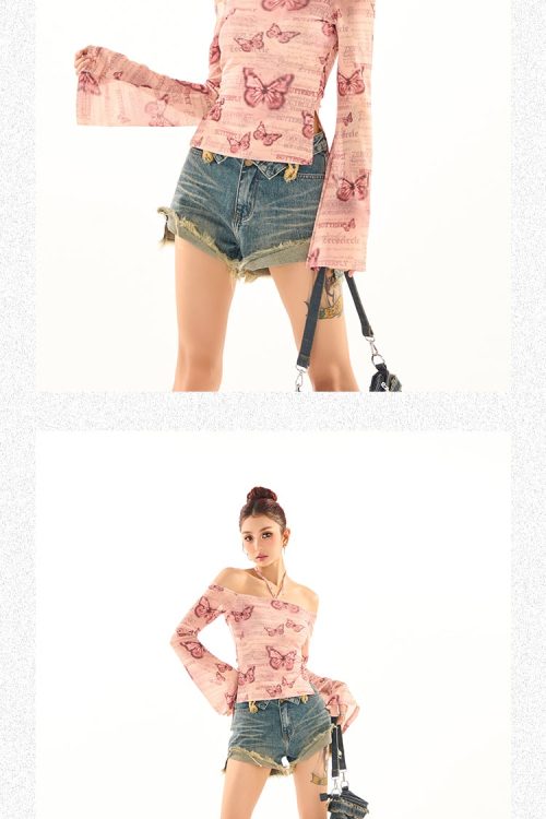 Maribella Pink Butterfly Print Long Bell Sleeve Off-the-Shoulder Slim Cropped Top