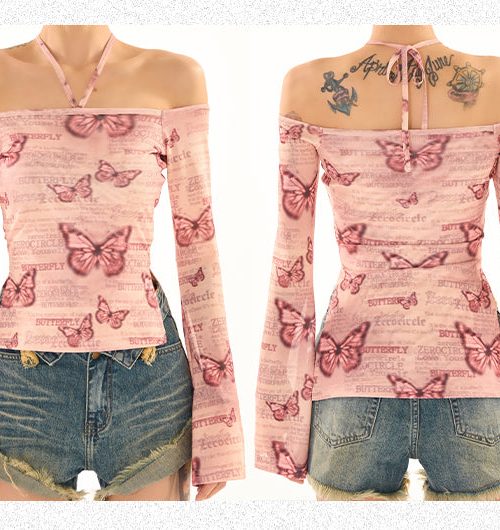 Maribella Pink Butterfly Print Long Bell Sleeve Off-the-Shoulder Slim Cropped Top