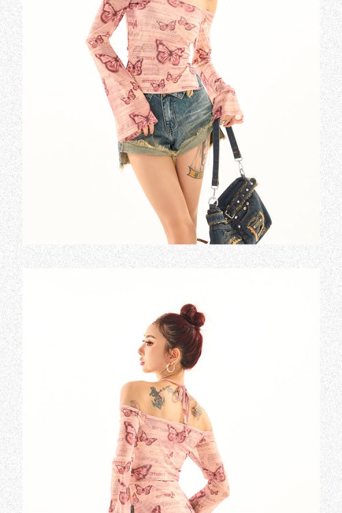 Maribella Pink Butterfly Print Long Bell Sleeve Off-the-Shoulder Slim Cropped Top