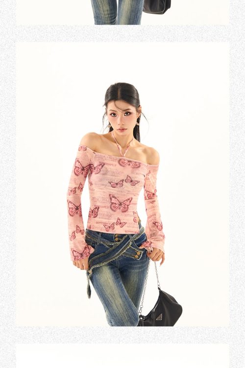 Maribella Pink Butterfly Print Long Bell Sleeve Off-the-Shoulder Slim Cropped Top