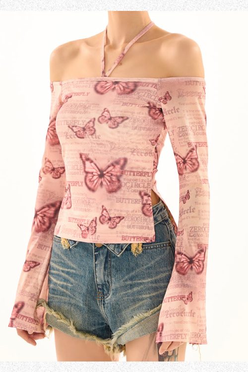 Maribella Pink Butterfly Print Long Bell Sleeve Off-the-Shoulder Slim Cropped Top