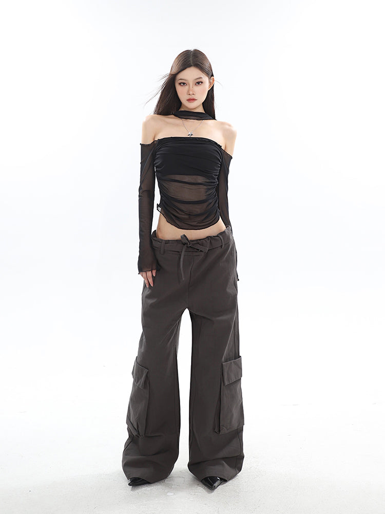 latisha-solid-color-black-off-the-shoulder-slim-fit-mesh-long-sleeve-top-10 Black One Shoulder Going Out Top