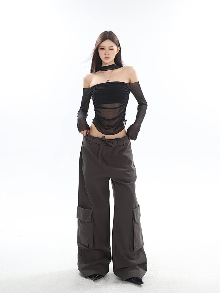 latisha-solid-color-black-off-the-shoulder-slim-fit-mesh-long-sleeve-top-11 Black One Shoulder Going Out Top