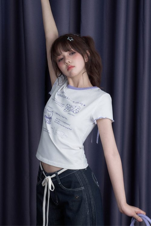 cool-black-white-cute-print-short-sleeve-bow-t-shirt-4