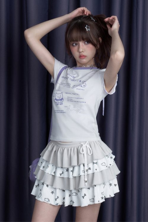 cool-black-white-cute-print-short-sleeve-bow-t-shirt-2