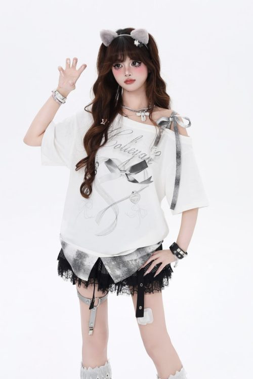 off-shoulder-bow-plaid-patchwork-t-shirt-4
