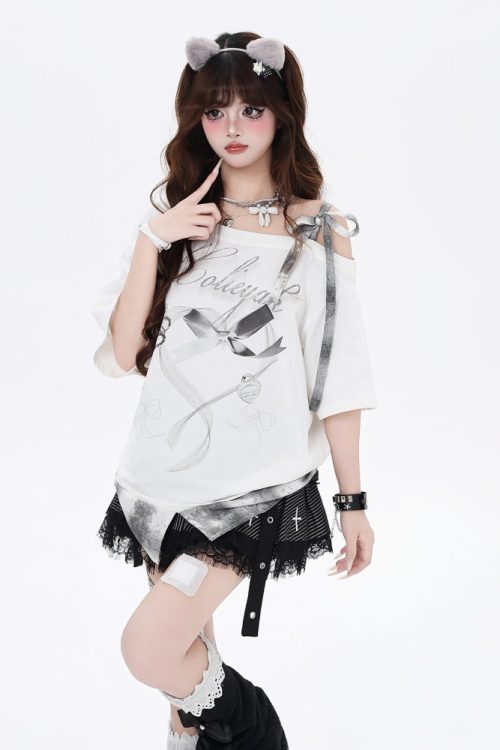 off-shoulder-bow-plaid-patchwork-t-shirt-5