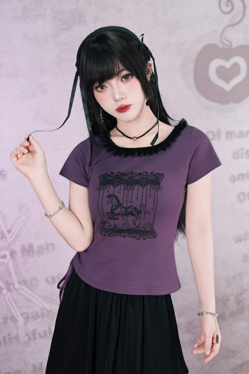 Carousel Graphic Lace Trim Ruched Baby Tee